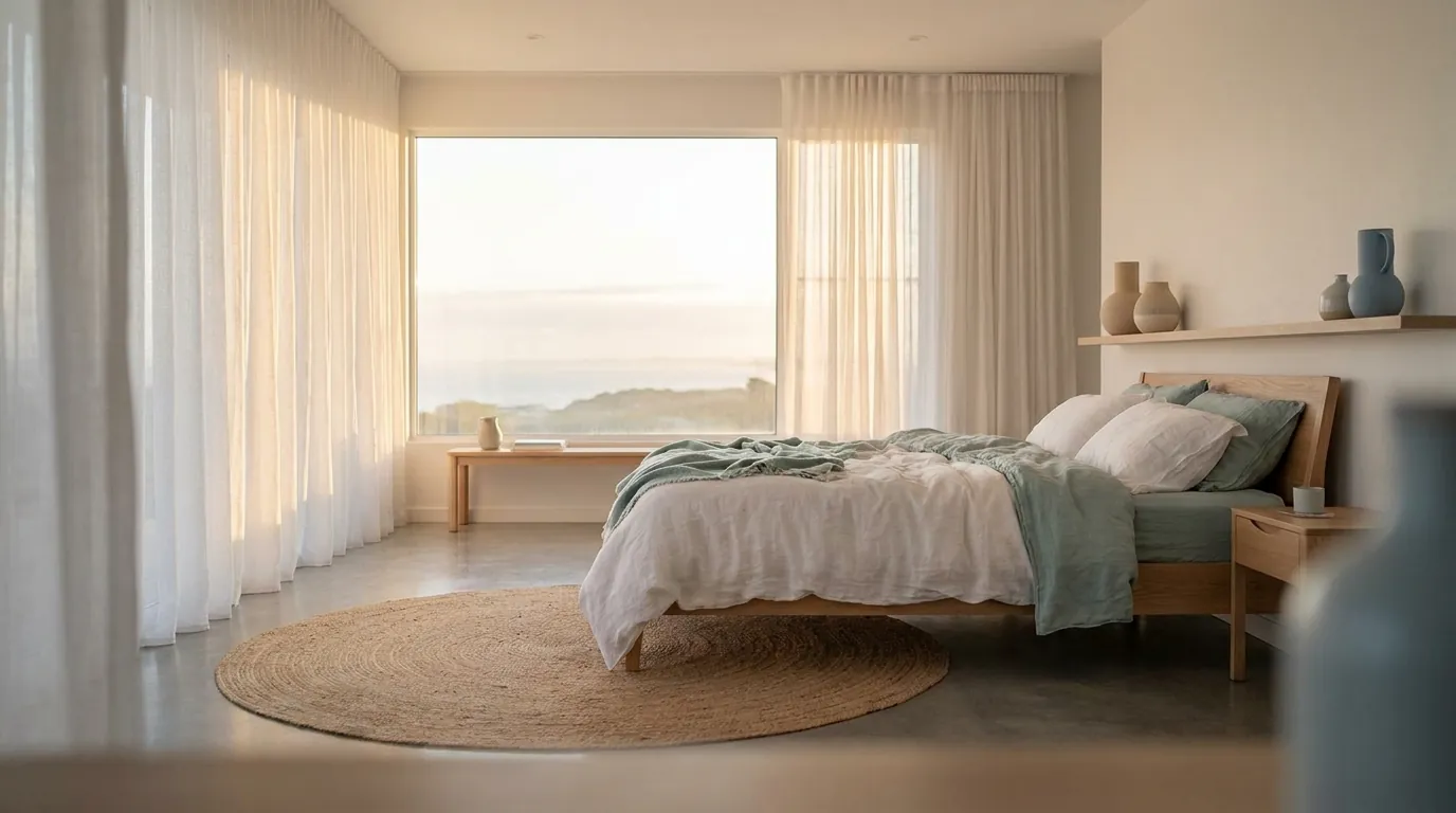 A serene minimal bedroom at soft golden dawn with fresh seafoam-toned linens and an ocean view