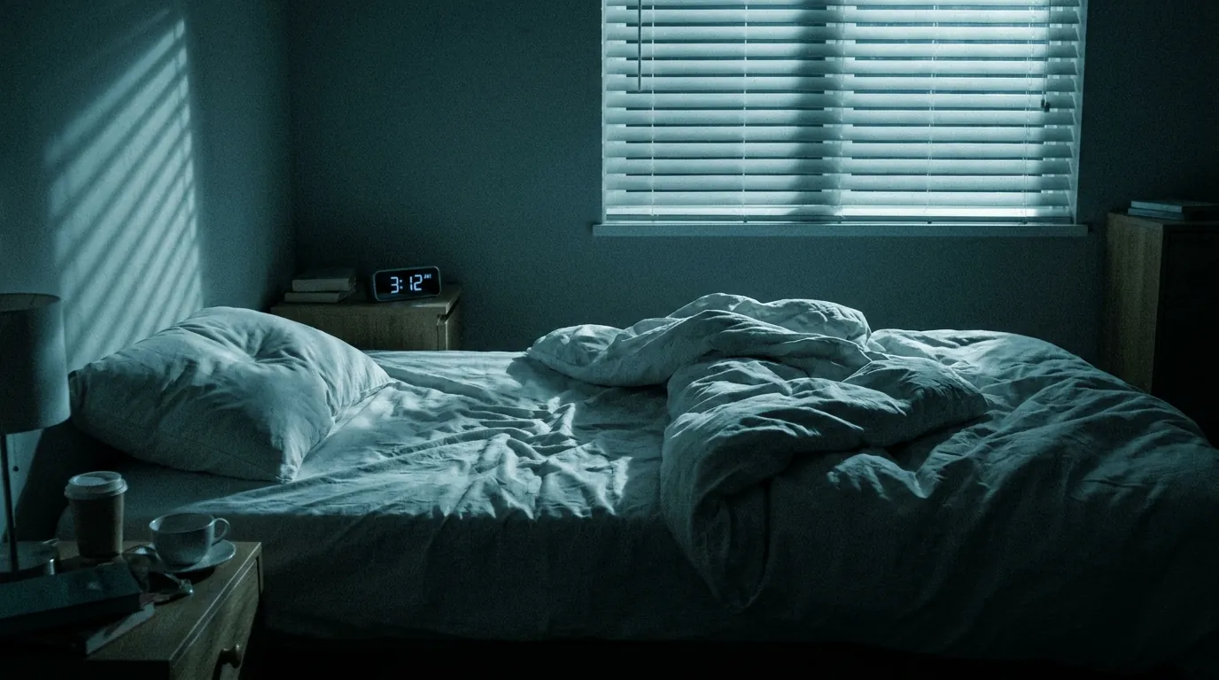 A dim bedroom at 3:12 AM with rumpled, empty bedding and cold moonlight through the blinds