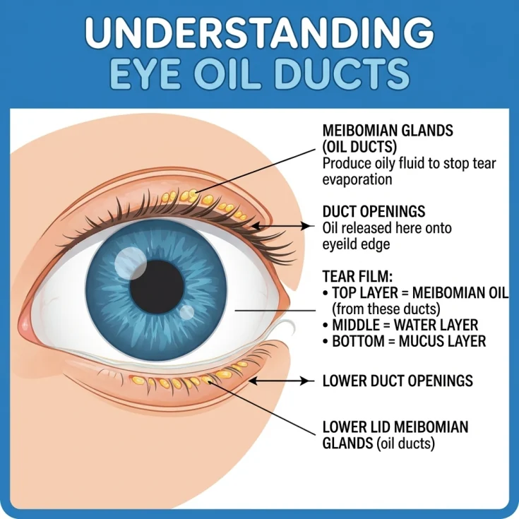 Diagram of the eye oil ducts: the meibomian glands along the upper and lower lash lines release oil that forms the top layer of the tear film and stops tears evaporating