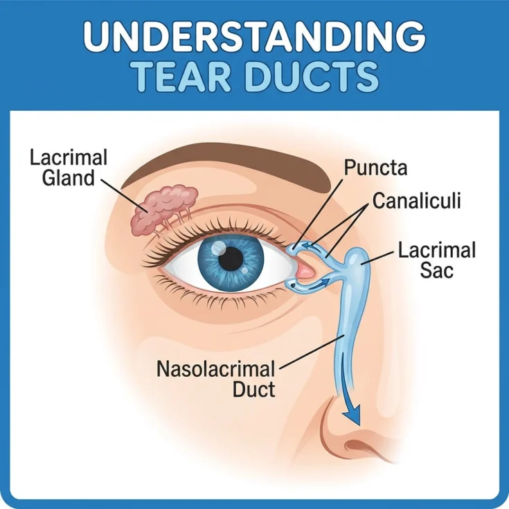 Diagram of the tear ducts: the lacrimal gland above the eye makes tears, which drain through the puncta and canaliculi at the inner corner into the nasolacrimal duct